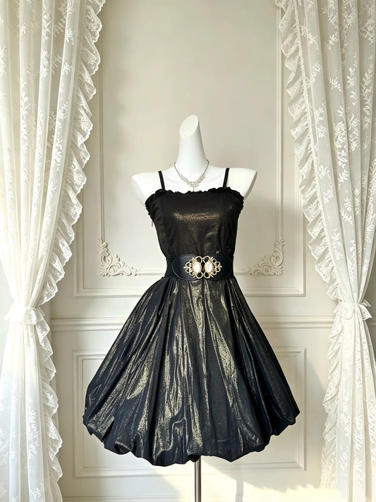 Dramatic Black Metallic Shimmer Spaghetti Strap Ruffled Trim A‑Line Short Homecoming Dress D7960