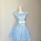 Dainty Sky Blue Floral Lace Cap Sleeve Round Neck White Satin Bow Sash A‑Line Short Homecoming Dress D7961