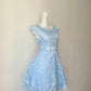 Dainty Sky Blue Floral Lace Cap Sleeve Round Neck White Satin Bow Sash A‑Line Short Homecoming Dress D7961