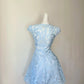 Dainty Sky Blue Floral Lace Cap Sleeve Round Neck White Satin Bow Sash A‑Line Short Homecoming Dress D7961
