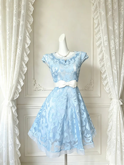 Dainty Sky Blue Floral Lace Cap Sleeve Round Neck White Satin Bow Sash A‑Line Short Homecoming Dress D7961