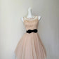 Elegant Nude Striped Mesh Sleeveless Illusion Round Neck A‑Line Short Homecoming Dress With Black Satin Bow Sash D7962