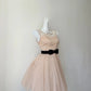 Elegant Nude Striped Mesh Sleeveless Illusion Round Neck A‑Line Short Homecoming Dress With Black Satin Bow Sash D7962