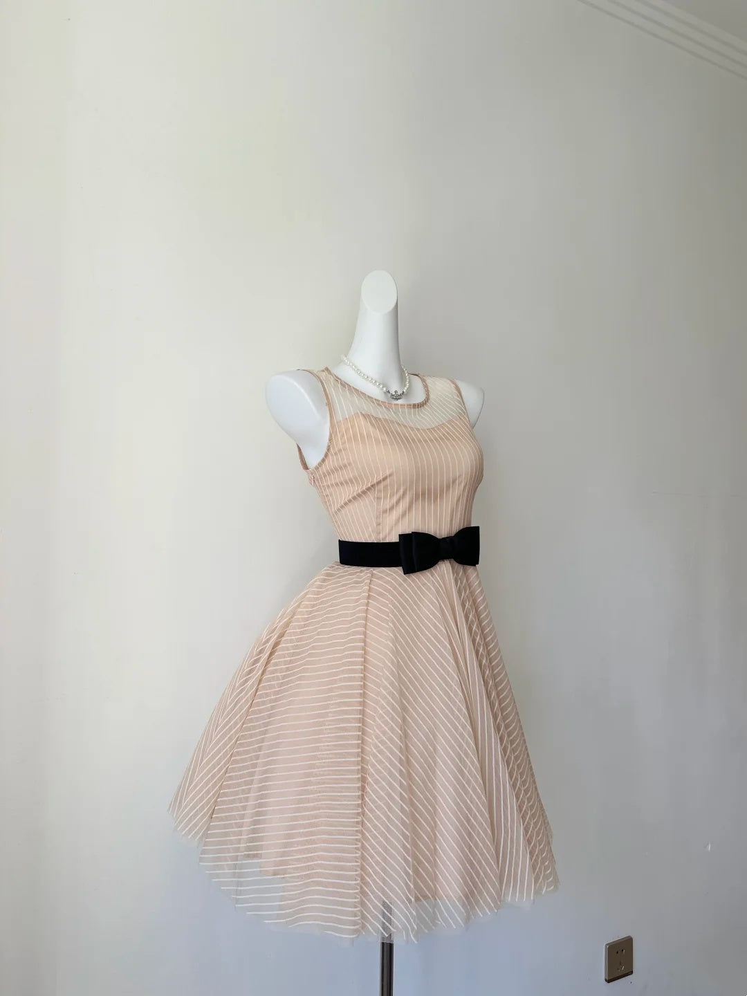 Elegant Nude Striped Mesh Sleeveless Illusion Round Neck A‑Line Short Homecoming Dress With Black Satin Bow Sash D7962