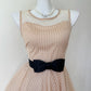 Elegant Nude Striped Mesh Sleeveless Illusion Round Neck A‑Line Short Homecoming Dress With Black Satin Bow Sash D7962