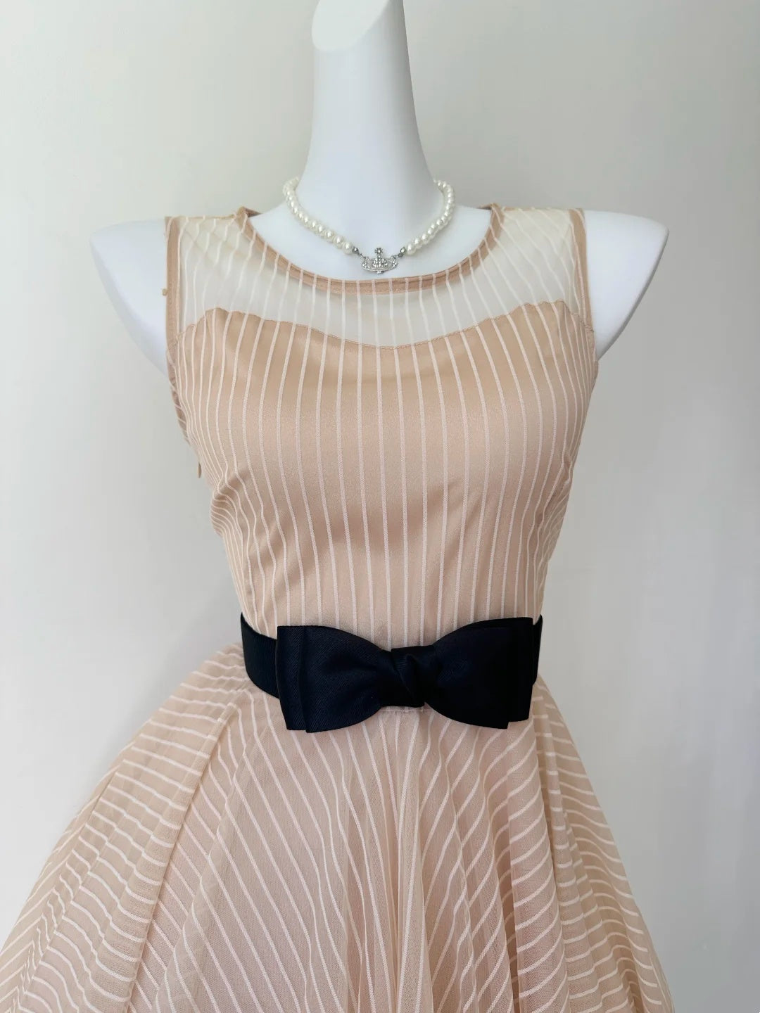 Elegant Nude Striped Mesh Sleeveless Illusion Round Neck A‑Line Short Homecoming Dress With Black Satin Bow Sash D7962