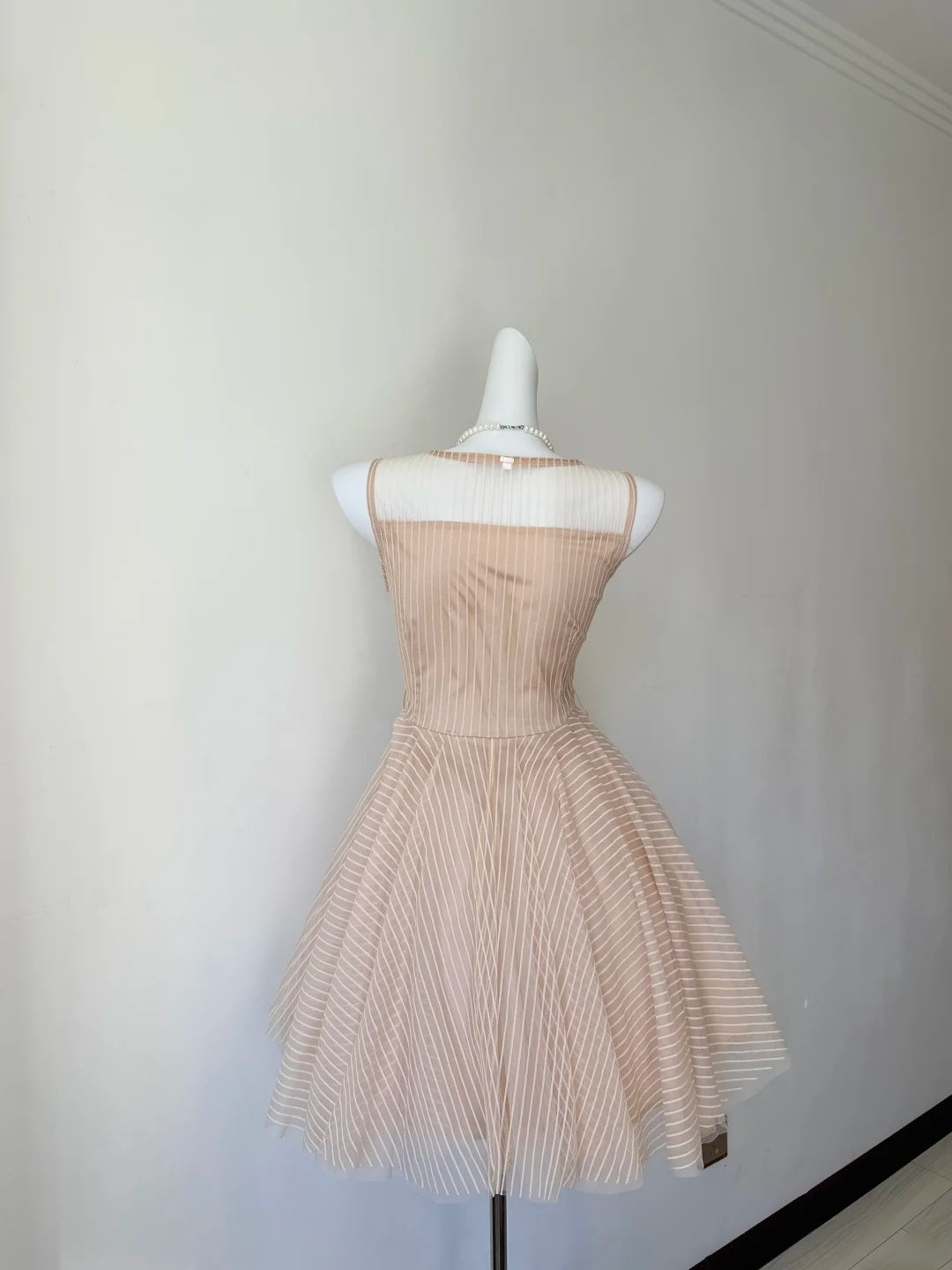 Elegant Nude Striped Mesh Sleeveless Illusion Round Neck A‑Line Short Homecoming Dress With Black Satin Bow Sash D7962