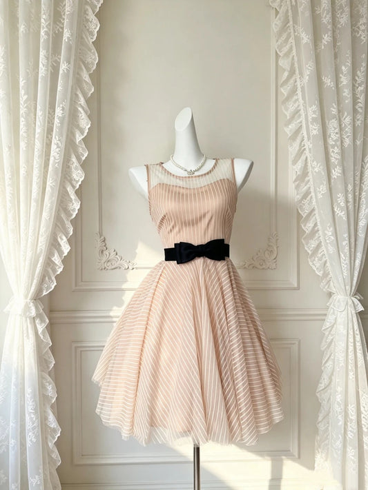 Elegant Nude Striped Mesh Sleeveless Illusion Round Neck A‑Line Short Homecoming Dress With Black Satin Bow Sash D7962