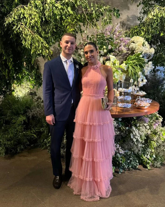 Rosa Neckholder A-Linie Tüll Langes Ballkleid Rüschen Abendkleid, D82