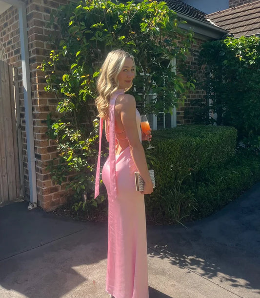 Rosa rückenfreies Meerjungfrau-Langballkleid, formelles Abendkleid, D90