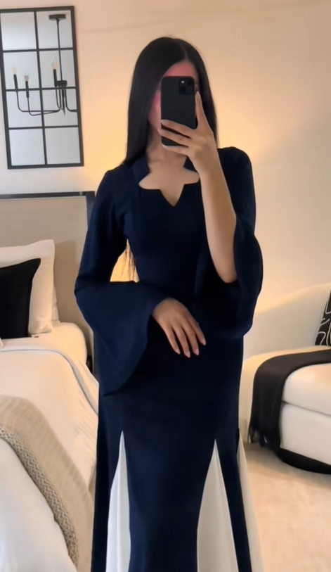 Schlichtes, marineblaues, langärmliges A-Linien-Chiffon-Partykleid, D929