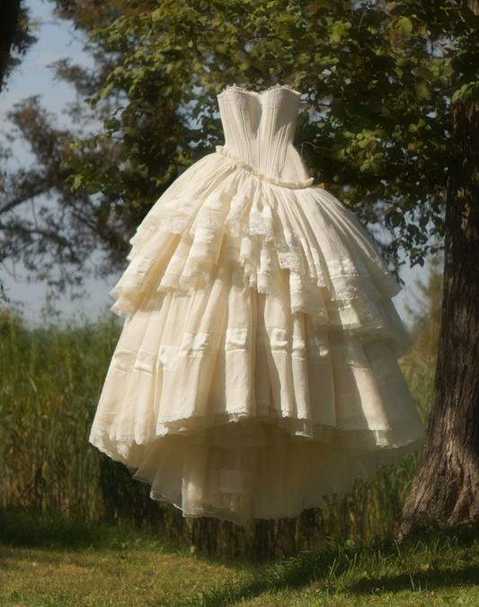 White Strapless A-Line Lace Long Party Dress Vintage Wedding Dress Bridal Dress Prom Dress, D983