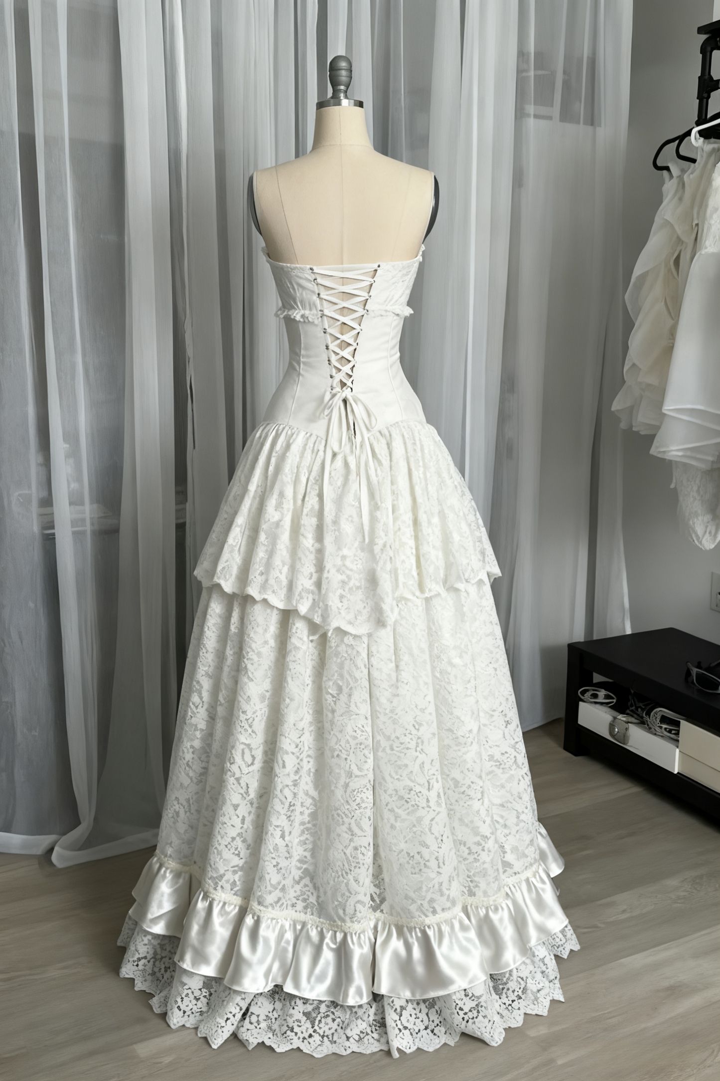 White Spaghetti Straps A-Line Lace Long Party Dress Vintage Wedding Dress, D990