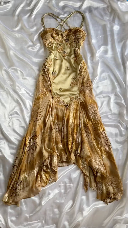 Vintage Golden Sweetheart Applique A-line Spaghetti Strap Evening Dress Prom Dresses, D1433
