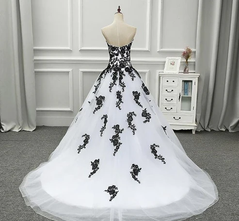 Strapless Beautiful White and Black Long Prom Dress Ball Gown Wedding Dress MD7176