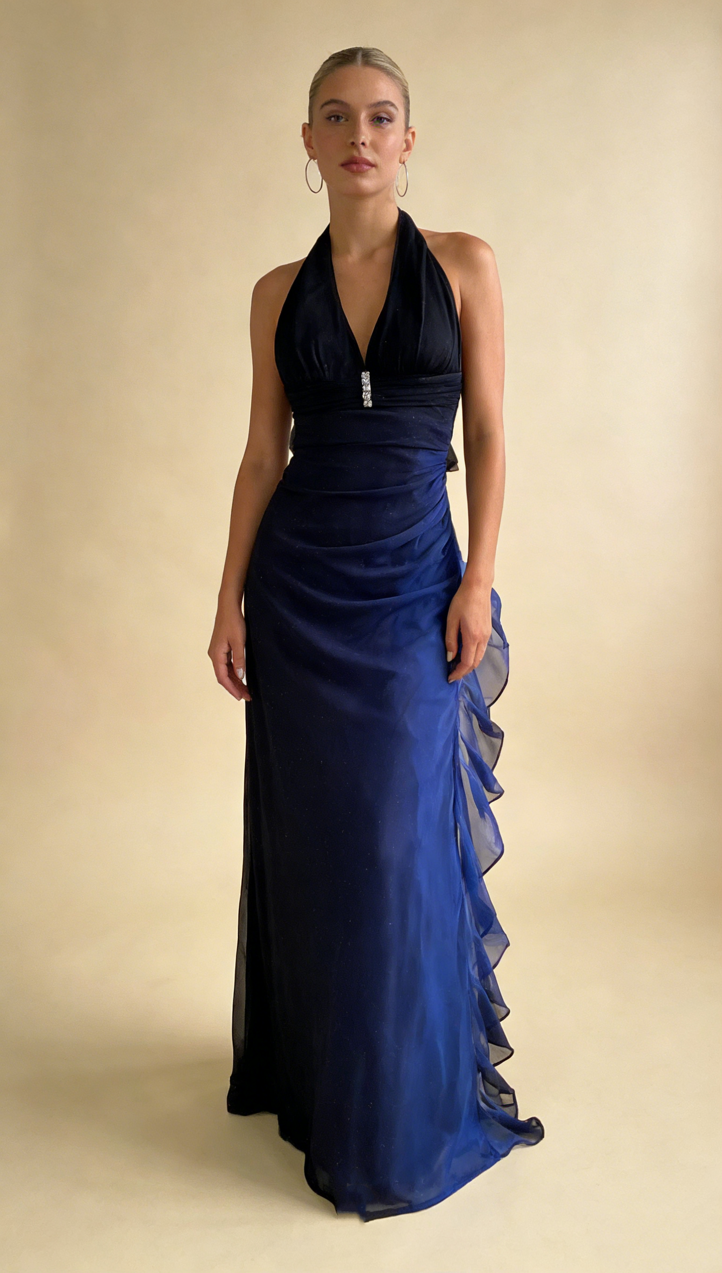 Dunkelblaues Neckholder-Etuikleid aus Chiffon, langes Partykleid, Vintage-Abendkleid, D697