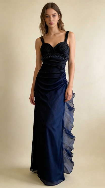 Dunkelblaue Träger Chiffon Vintage Langes Partykleid Ballkleid MD7409