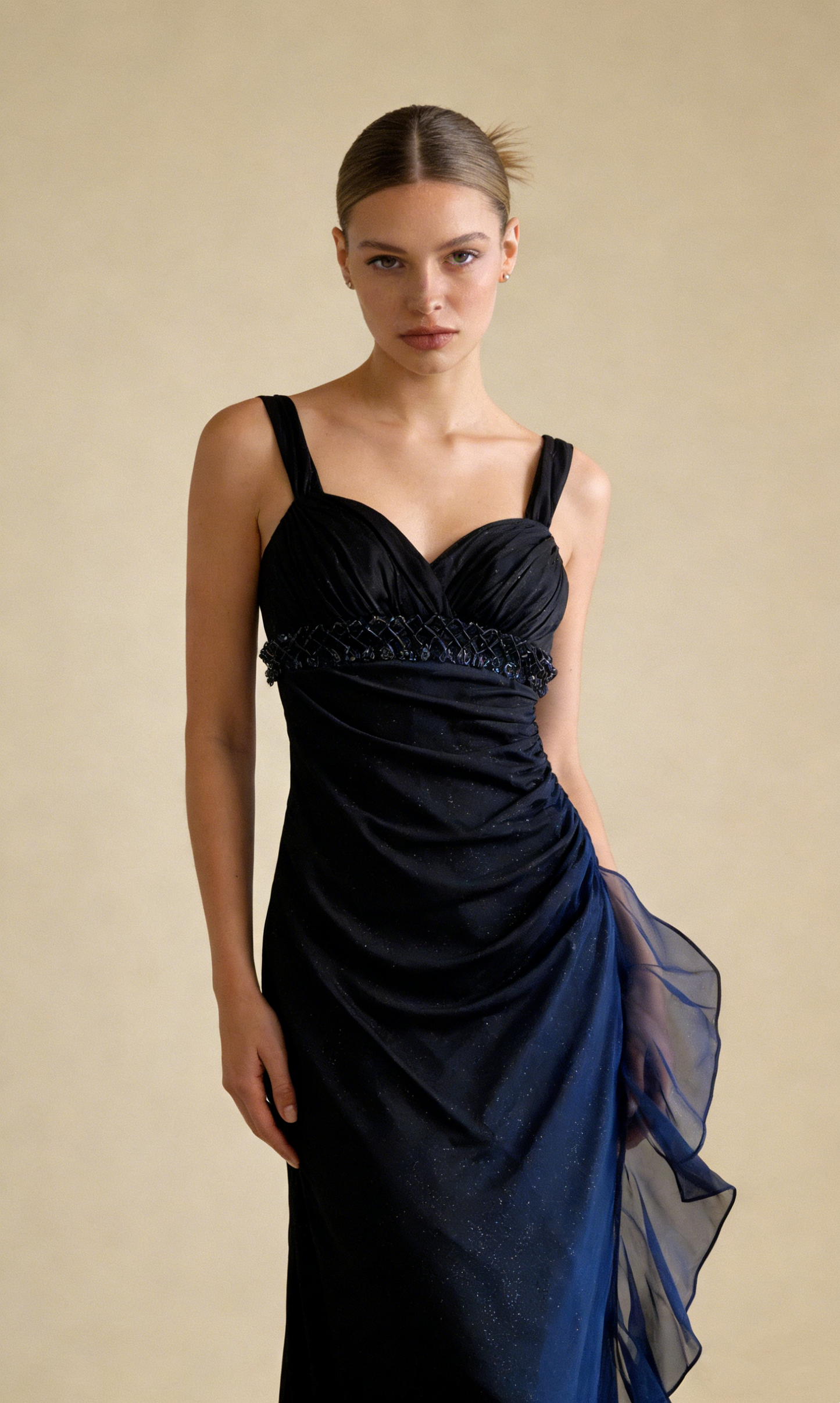 Dunkelblaue Träger Chiffon Vintage Langes Partykleid Ballkleid MD7409