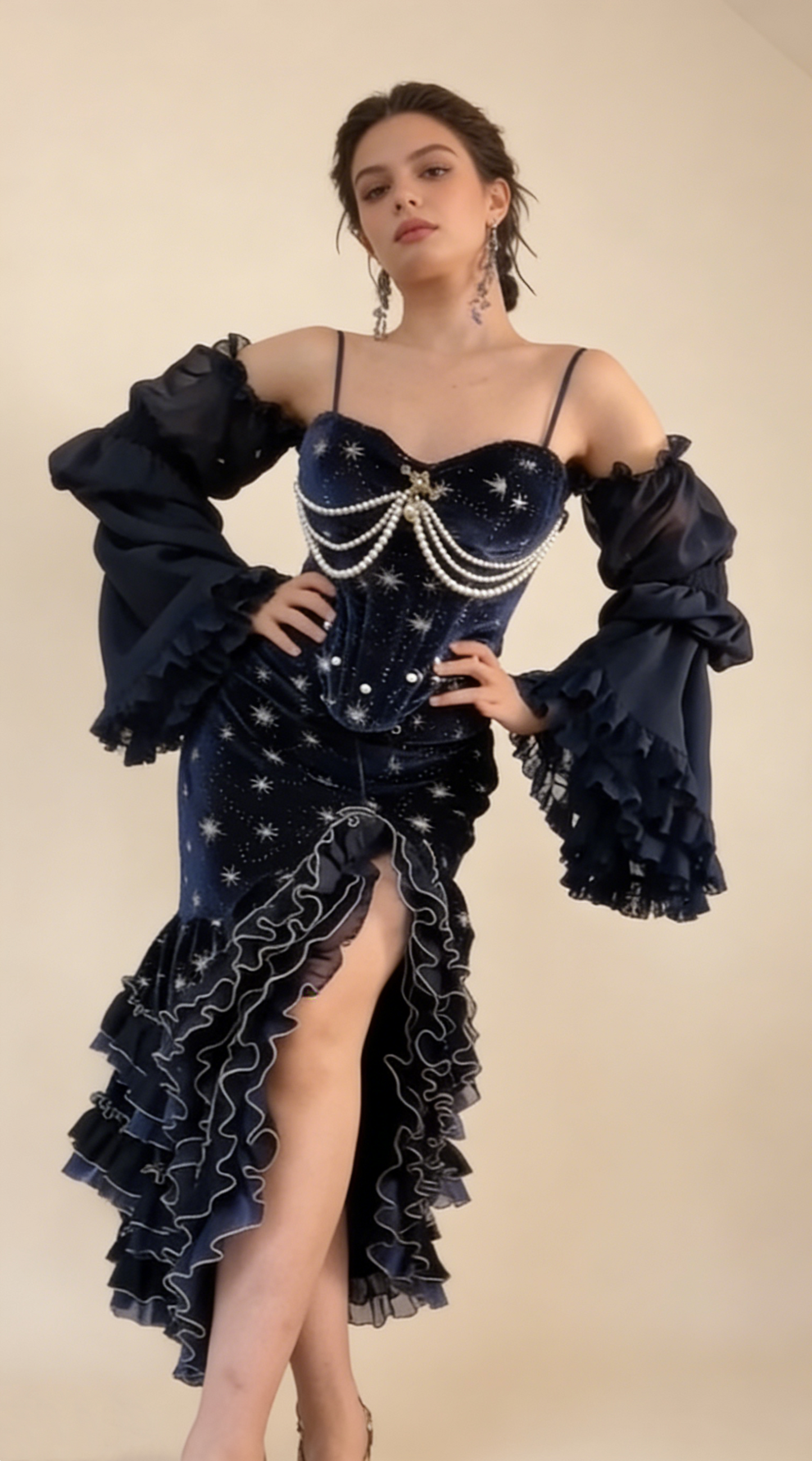 Prom Dress Dark Navy Spaghetti Straps Mermaid Layers Ruffles Sexy Evening Dress Birthday Outfits, D827