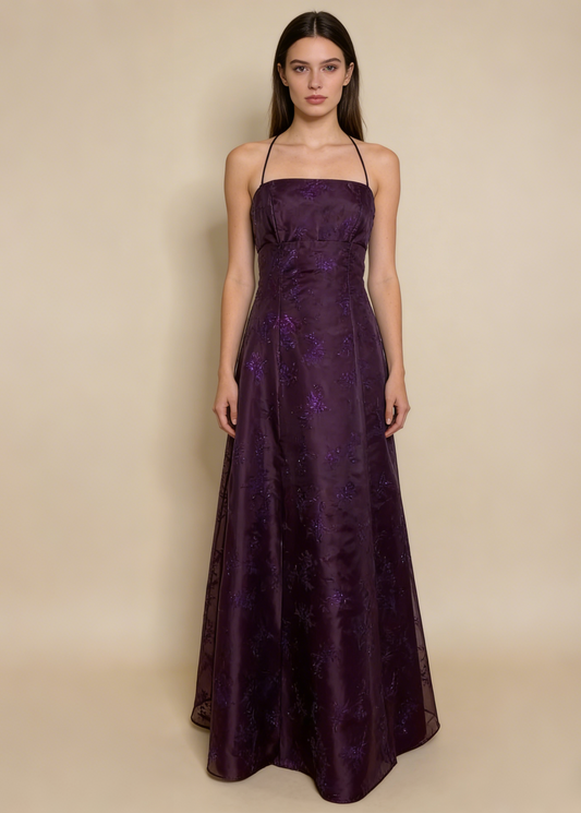 Dunkelviolettes Neckholder-A-Linien-Langform-Ballkleid, Vintage-Partykleid, D900
