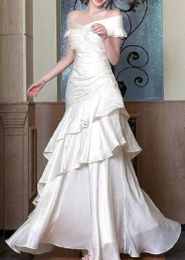 Elegant Wedding Dress Off the Shoulder Pleated Cascade A Line Wedding Dress Prom Dress D7234