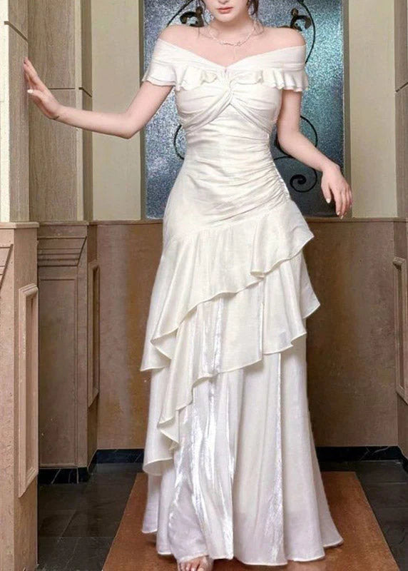 Elegant Wedding Dress Off the Shoulder Pleated Cascade A Line Wedding Dress Prom Dress D7234