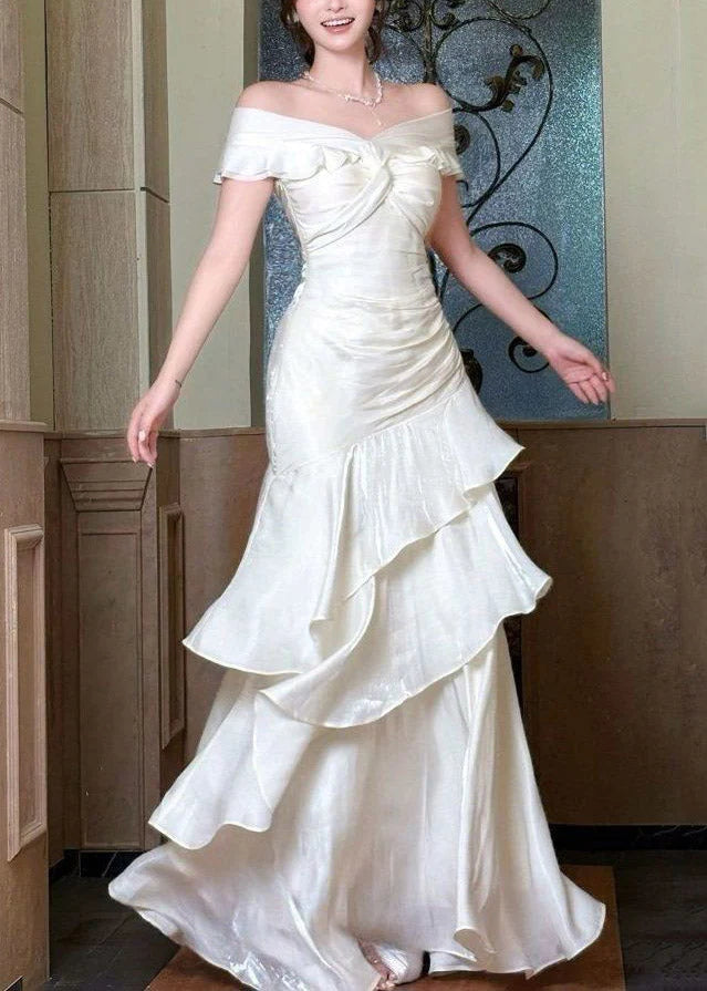 Elegant Wedding Dress Off the Shoulder Pleated Cascade A Line Wedding Dress Prom Dress D7234