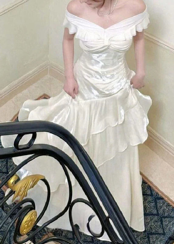 Elegant Wedding Dress Off the Shoulder Pleated Cascade A Line Wedding Dress Prom Dress D7234