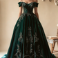 Elegant Green Off Shoulder A-Line Velvet Beaded Retro Evening Ball Gowns, D1204