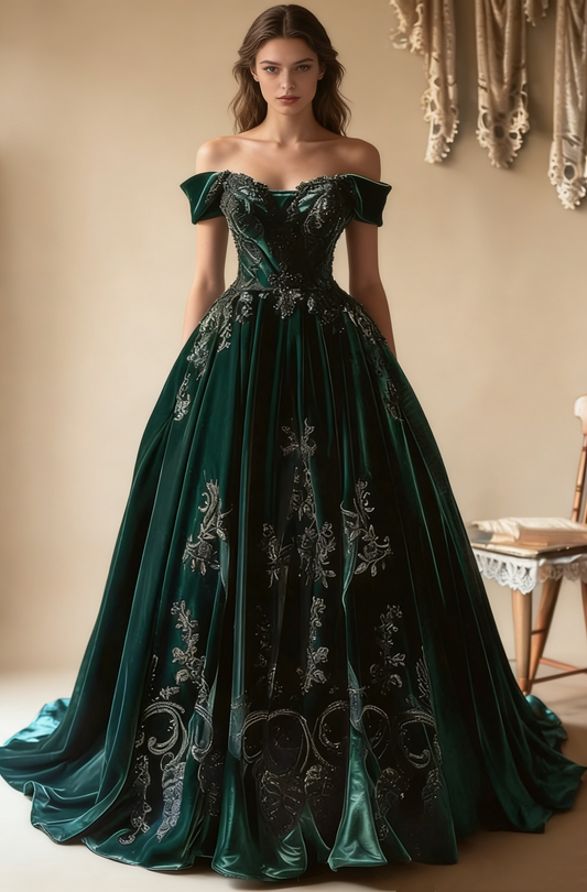 Elegant Green Off Shoulder A-Line Velvet Beaded Retro Evening Ball Gowns, D1204