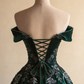 Elegant Green Off Shoulder A-Line Velvet Beaded Retro Evening Ball Gowns, D1204