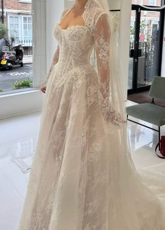 Elegant Long Sleeves White A-Line Lace Long Wedding Dress Bridal Dress ModelDressy Elegant Long Sleeves White A-Line Lace Long Wedding Dress Bridal Dress ModelDressy