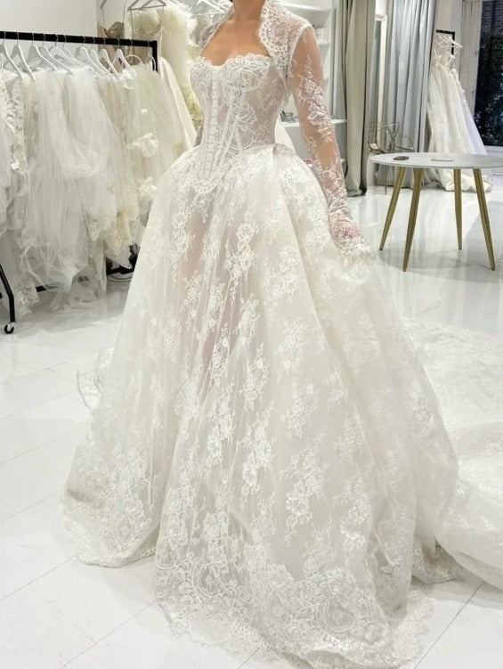 Elegant Long Sleeves White A-Line Lace Long Wedding Dress Bridal Dress –  ModelDressy