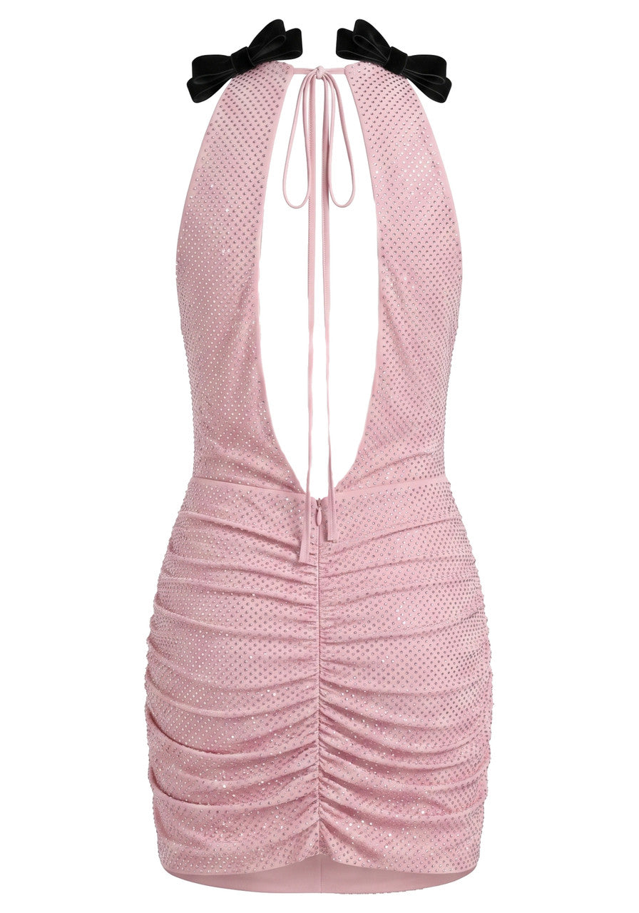 Stunning Homecoming Dress Halter Bowknot Beaded Backless Back to School Outfits Party Dress D7912