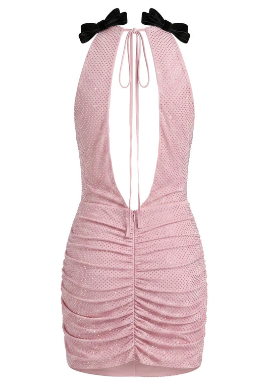 Stunning Homecoming Dress Halter Bowknot Beaded Backless Back to School Outfits Party Dress D7912