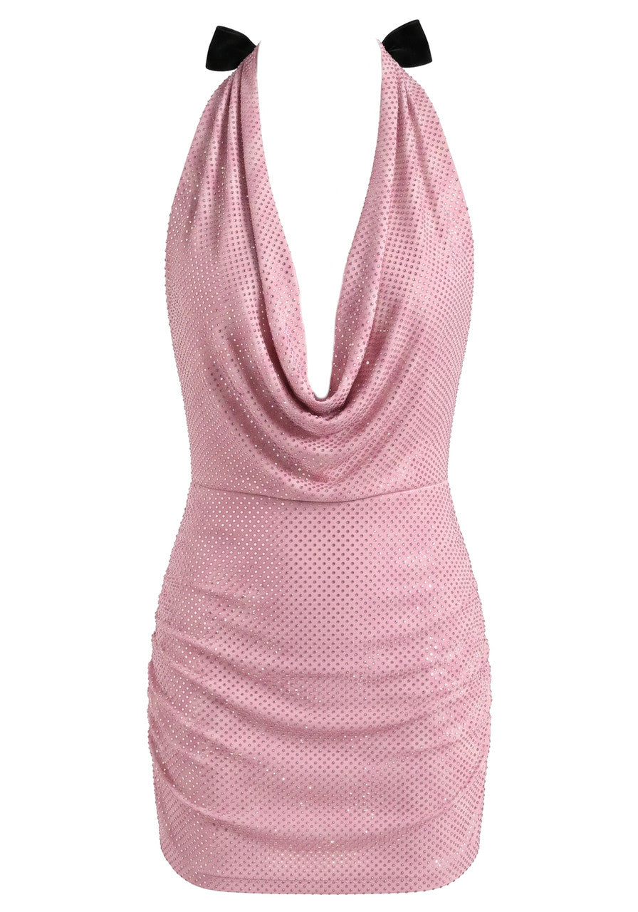 Stunning Homecoming Dress Halter Bowknot Beaded Backless Back to School Outfits Party Dress D7912