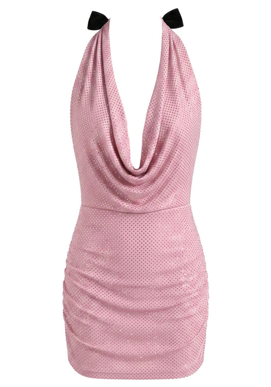 Stunning Homecoming Dress Halter Bowknot Beaded Backless Back to School Outfits Party Dress D7912