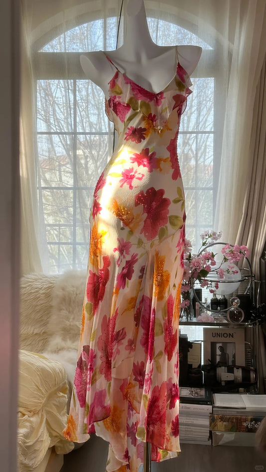 Vintage Floral A-line V-neck Spaghetti Strap Evening Dress Prom Dresses, D1432
