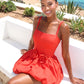 Fashionable Homecoming Dress Spaghetti Strap Flower Pleated Back to School Outfits Party Dress D7879