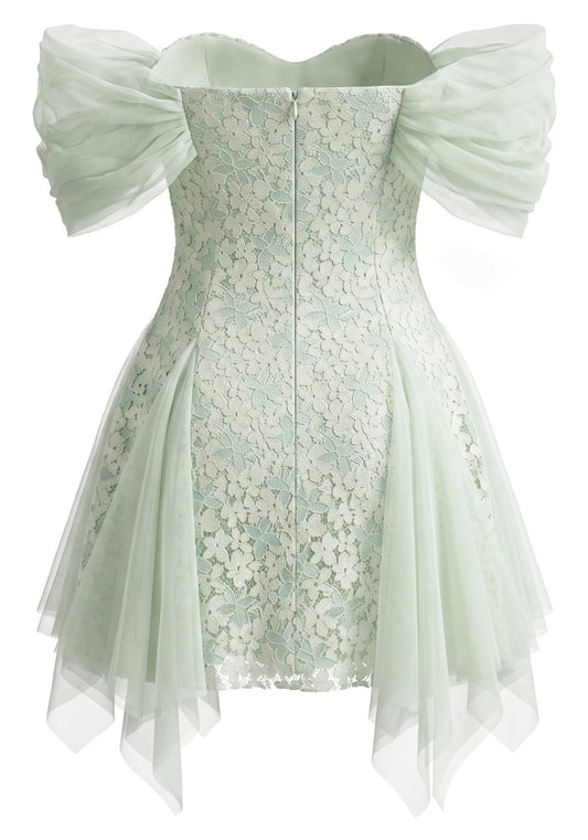 Stunning Homecoming Dress Off the Shoulder Flower Beading Lace Tulle Back to School Outfits Party Dress D7909