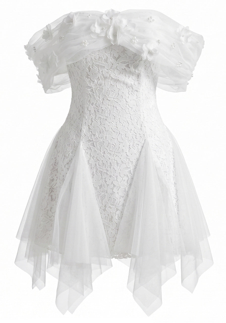 Stunning Homecoming Dress Off the Shoulder Flower Beading Lace Tulle Back to School Outfits Party Dress D7909