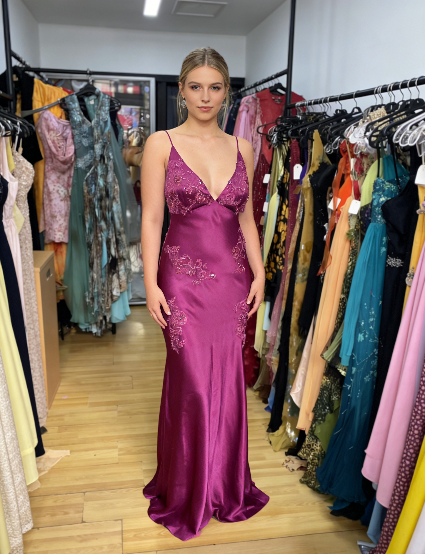 Fuchsia V Neck Sheath Vintage Long Evening Party Dress MD7471