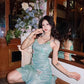Fashion Mint Green Sparkling Sequin Spaghetti Strap Ruffled Hem Short 16th Birthday Party Dress Homecoming Dress D1529