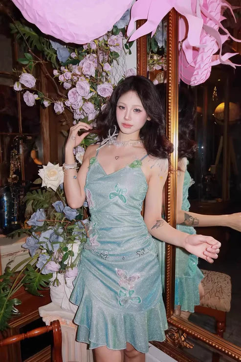 Fashion Mint Green Sparkling Sequin Spaghetti Strap Ruffled Hem Short 16th Birthday Party Dress Homecoming Dress D1529