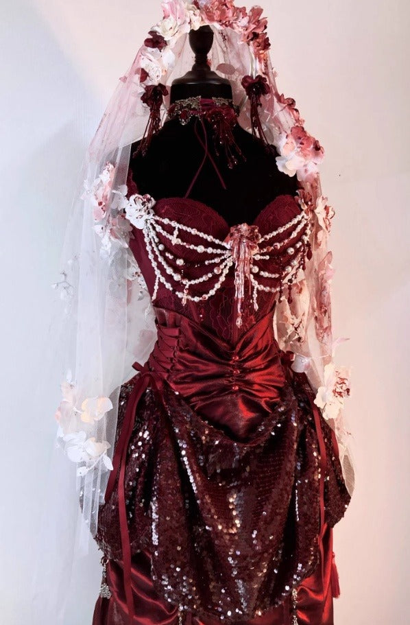 Gothic Burgundy Straps A-Line Sequins Vintage Long Evening Party Dress, D922