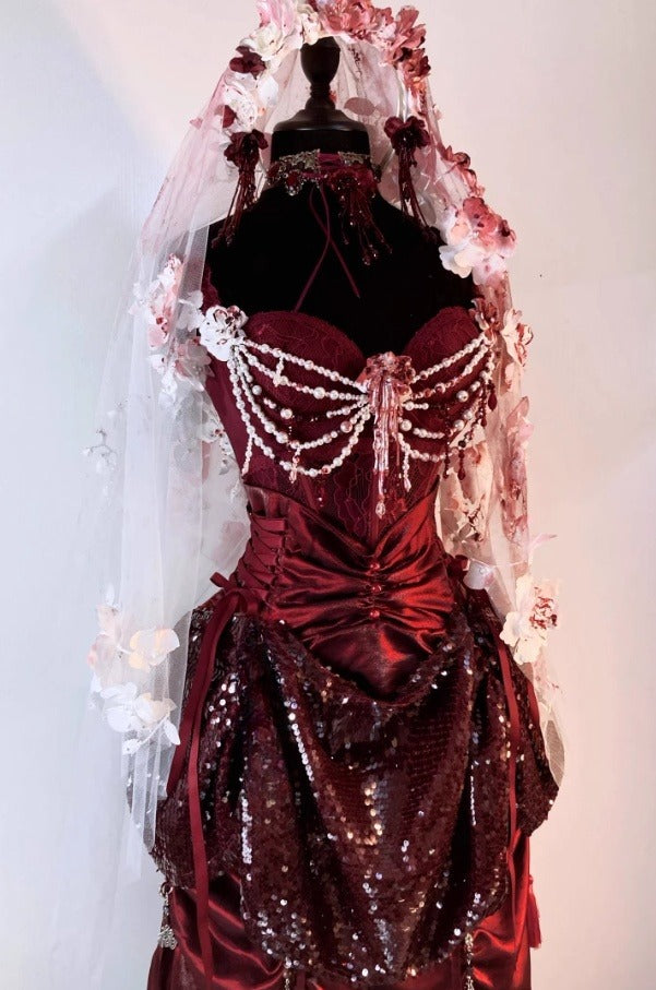 Gothic Burgundy Straps A-Line Sequins Vintage Long Evening Party Dress, D922