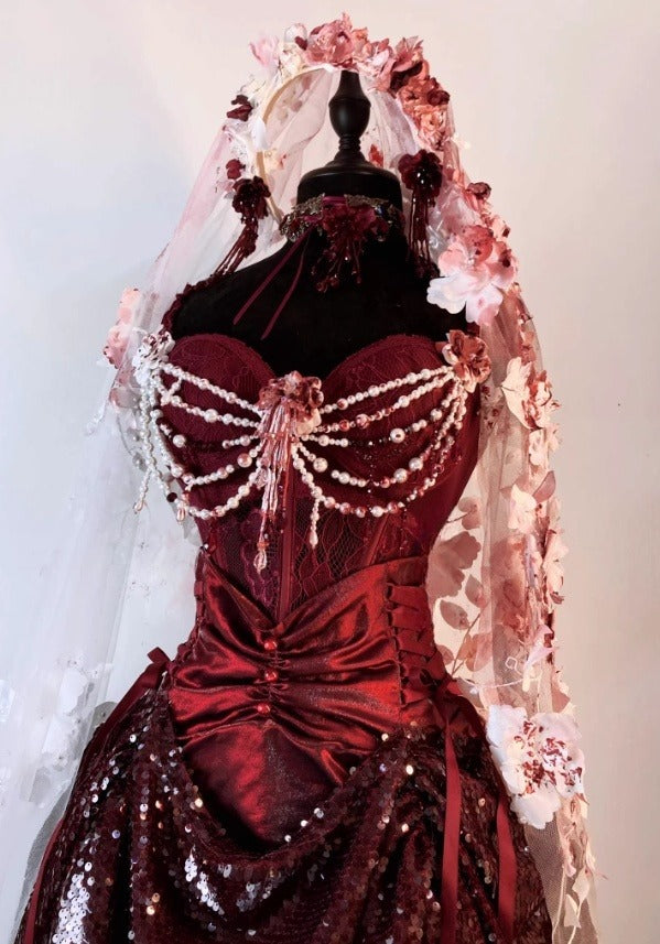 Gothic Burgundy Straps A-Line Sequins Vintage Long Evening Party Dress, D922