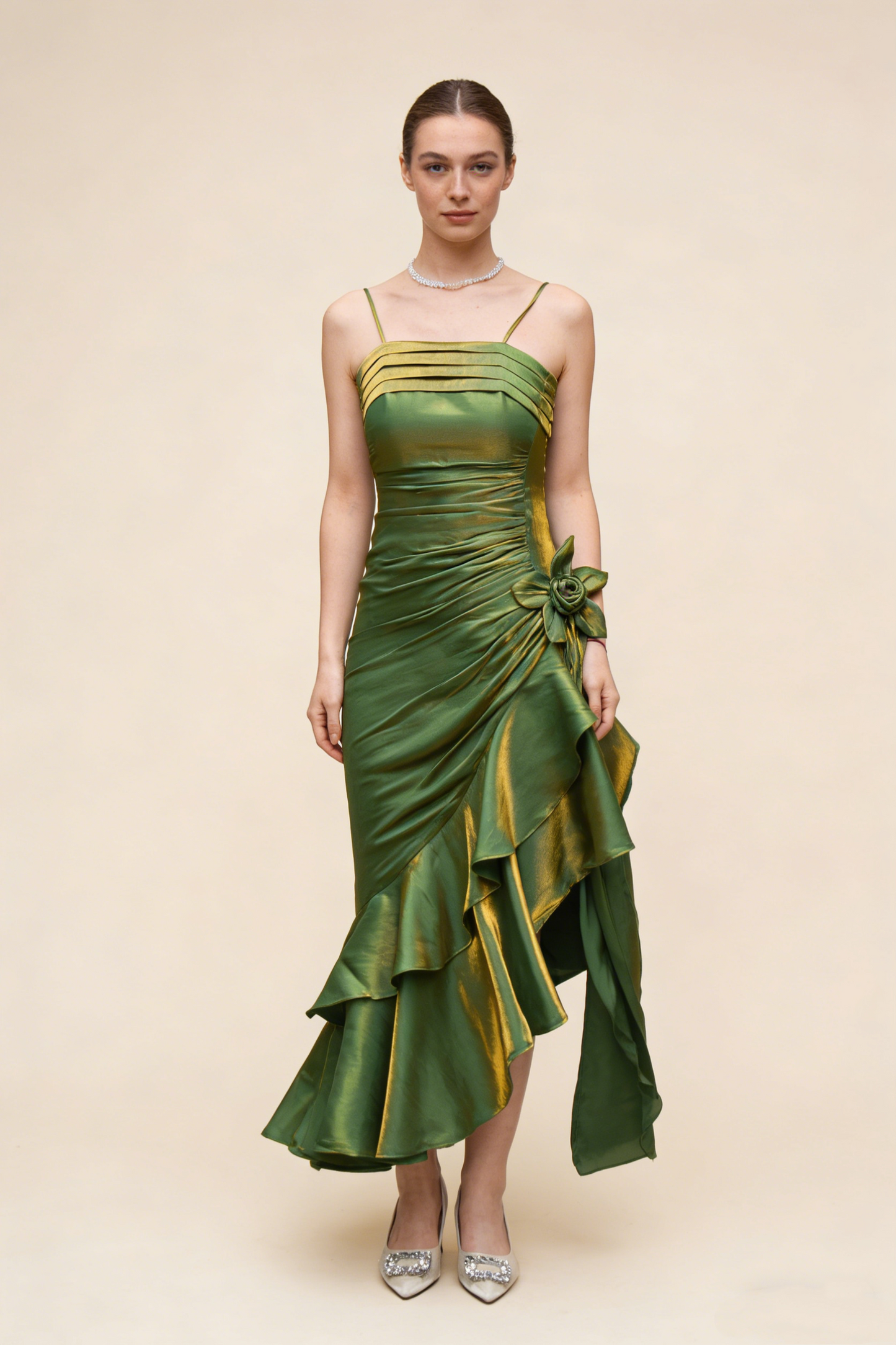 Grasgrünes Vintage-Blumenkleid mit asymmetrischem Saum, Ballkleid MD7539