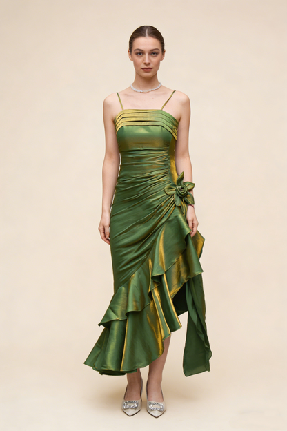 Grasgrünes Vintage-Blumenkleid mit asymmetrischem Saum, Ballkleid MD7539