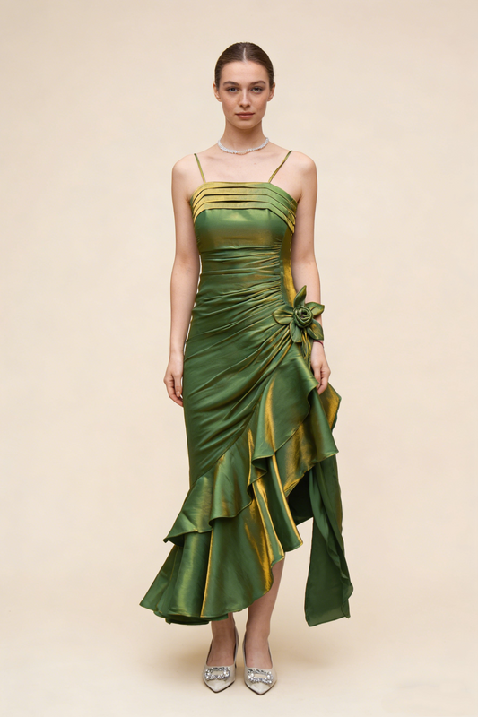 Grasgrünes Vintage-Blumenkleid mit asymmetrischem Saum, Ballkleid MD7539